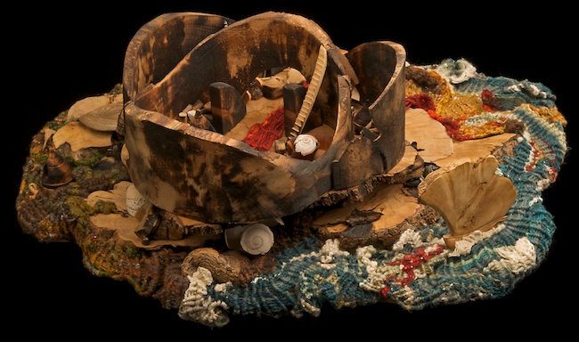 Burned shell of Troy, Foreground, Greek ship leaving, interior Helen's Staircase to the top of the wall